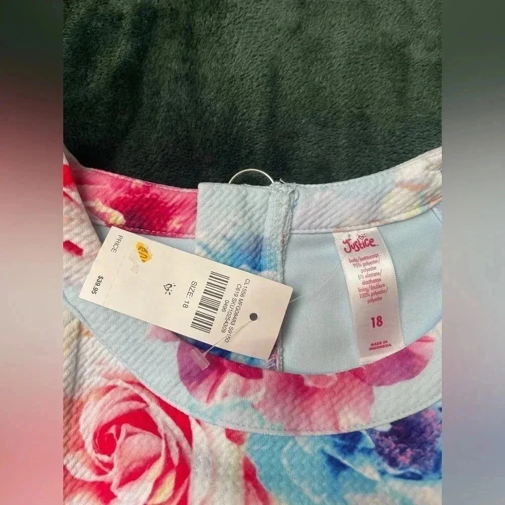 🆕 Justice Girls Blue‎ & Pink Floral Swing Dress Easter NWT Size 18 0267